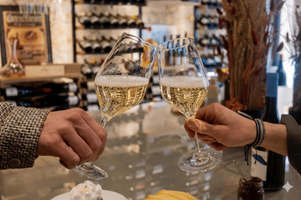 Champagne glasses clinking during a champagne tasting experience in Nice with French gourmet products on the French Riviera