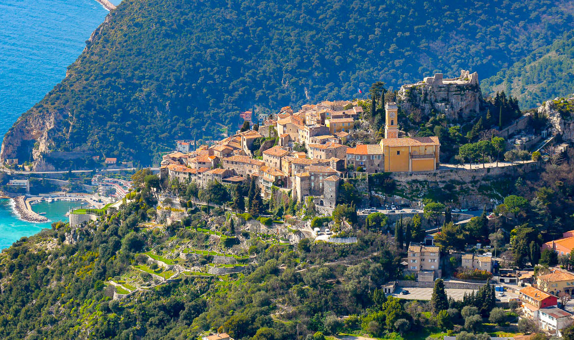 Panoramic view of Eze village overlooking the Mediterranean Sea during a French Riviera excursion near Nice