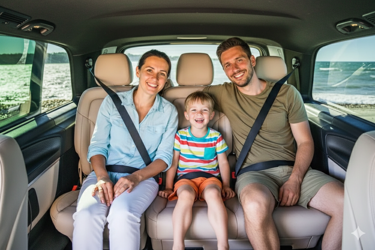 Family enjoying a private van excursion along the French Riviera coastline near Nice