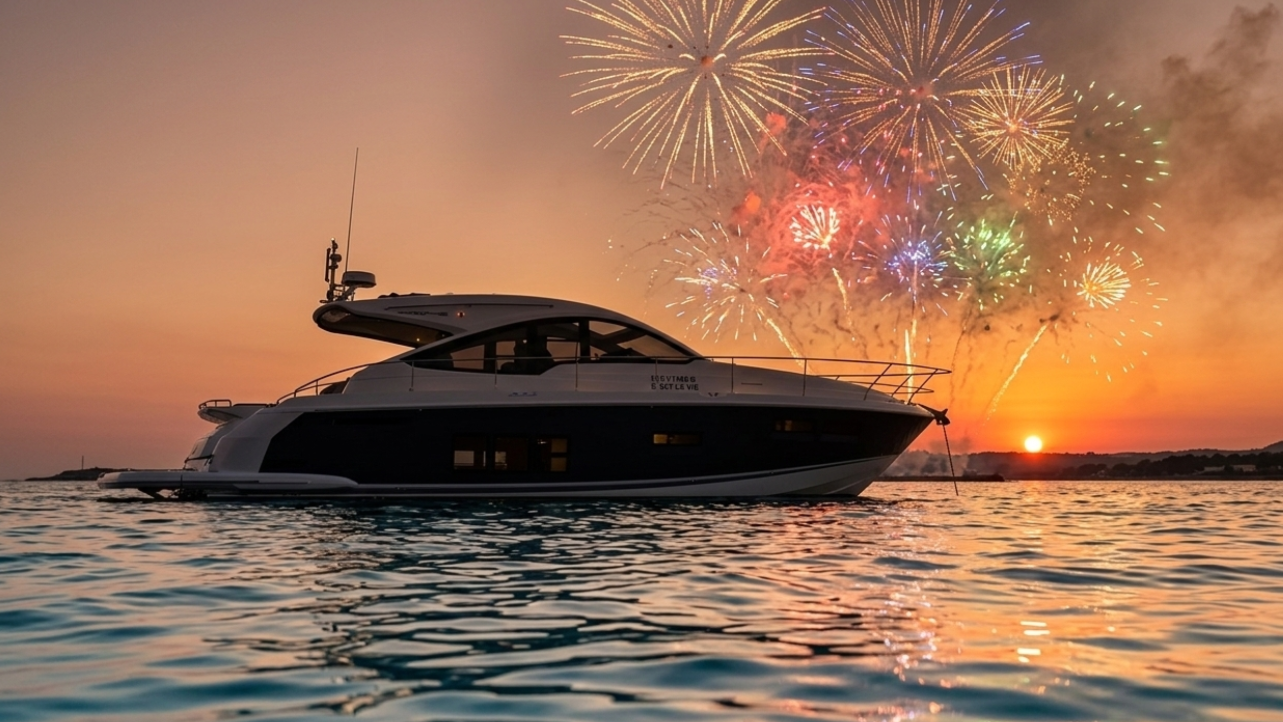 Luxury yacht on the French Riviera at sunset with fireworks over the Mediterranean Sea Nice France Côte d’Azur luxury boat experience celebration at sea Riviera nightlife travel destination
