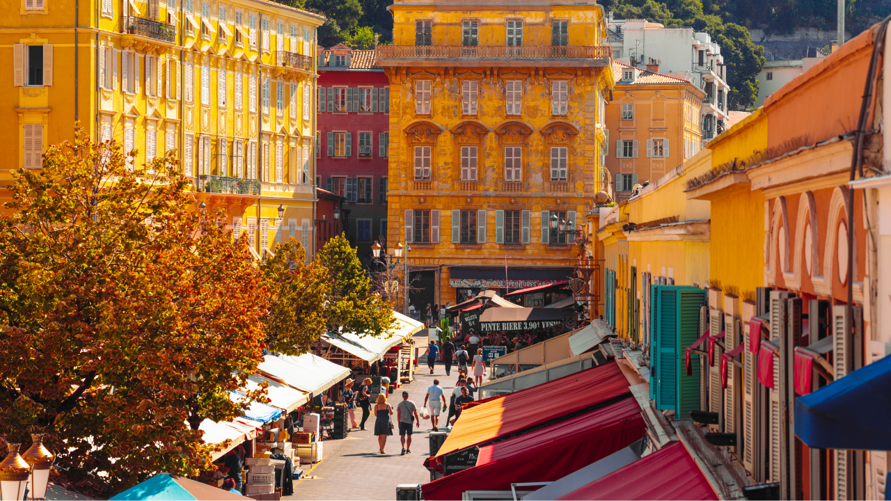 Place Garibaldi Nice France colorful buildings historic square city center French Riviera architecture Mediterranean travel destination Côte d’Azur tourism Nice cityscape