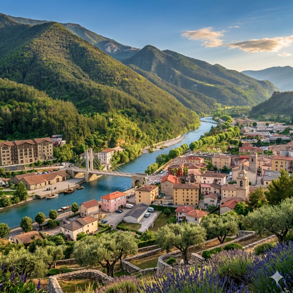 Scenic Provence Alps village with river valley landscape near Nice visited during a countryside excursion from Nice French Riviera mountain villages