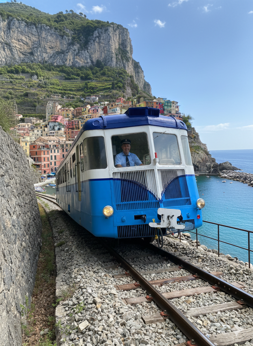 Scenic coastal train passing along the French Riviera cliffs during a panoramic excursion near Nice