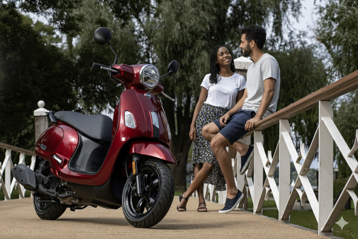 Couple enjoying a scooter tour on the French Riviera near Nice during a scenic excursion