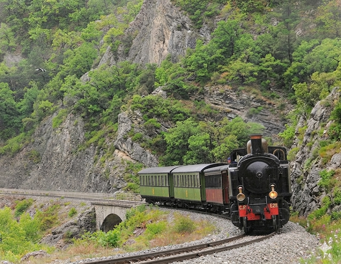 Train des Pignes historic scenic train traveling through the Provence Alps mountains during a countryside excursion from Nice French Riviera