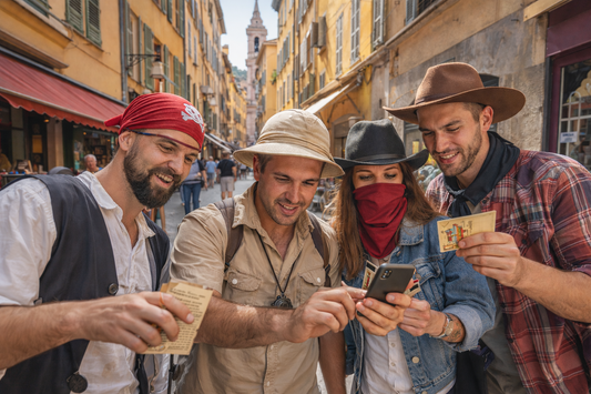 Treasure hunt in Nice Old Town with group solving clues during an immersive outdoor team building activity in the historic city center.